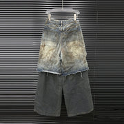 Layered Distressed Wide-Leg Jeans