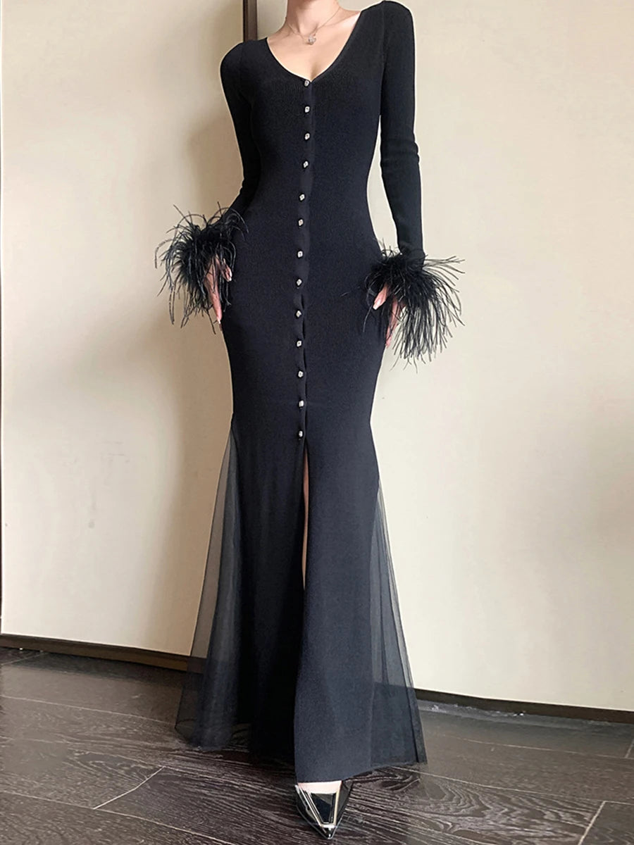 Fringed-Cuff Split-Hem Long Dress