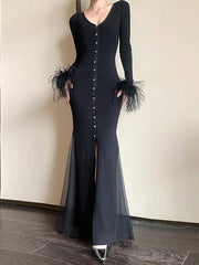 Fringed-Cuff Split-Hem Long Dress