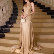 Pleated V-Neck Long Dress