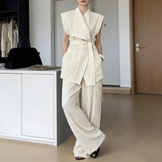 TWOTWINSTYLE Solid Spliced Folds Two Piece Set Female V Neck Sleeveless Shirt Streetwear Design Women's Trousers Set Fashion New