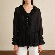 Ruffle-Front Drawstring Blouse