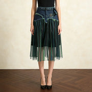 Sheer-Overlay Contrast-Panel Skirt