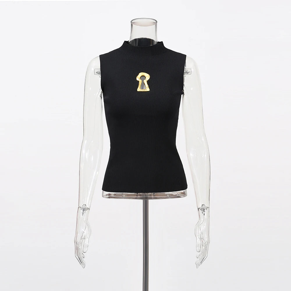 Keyhole-Detail Sleeveless High-Neck Top