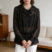 Sheer Ruffle-Collar Peplum Blouse