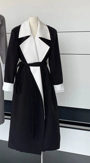 Contrast-Trim Long Trench Coat