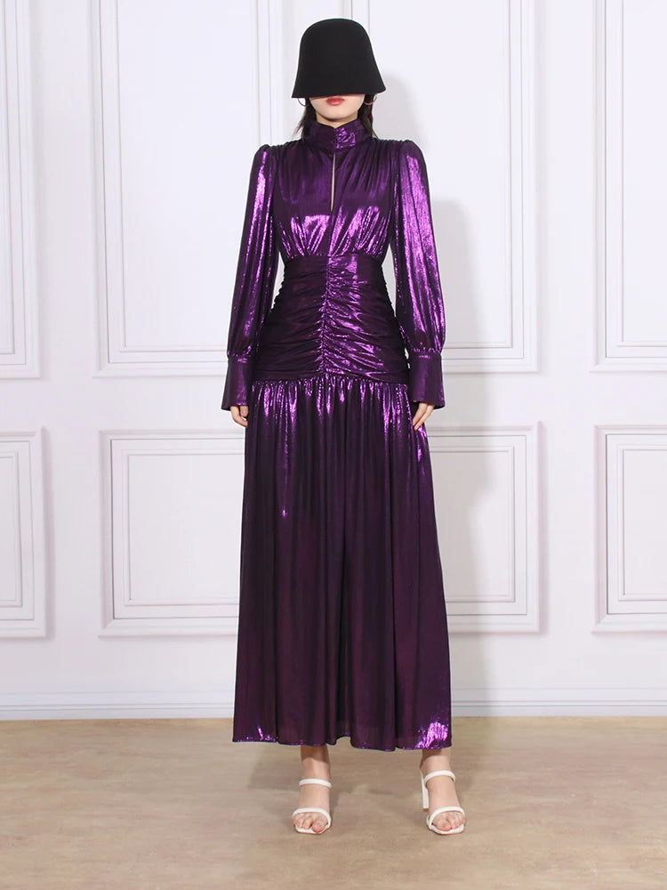 Ruched-Waist Long-Sleeve Long Dress