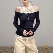 Contrast-Collar Cold-Shoulder Top