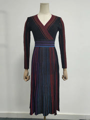 Striped V-Neck Long-Sleeve Dress