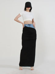 Contrast-Waist Ruched Long Skirt