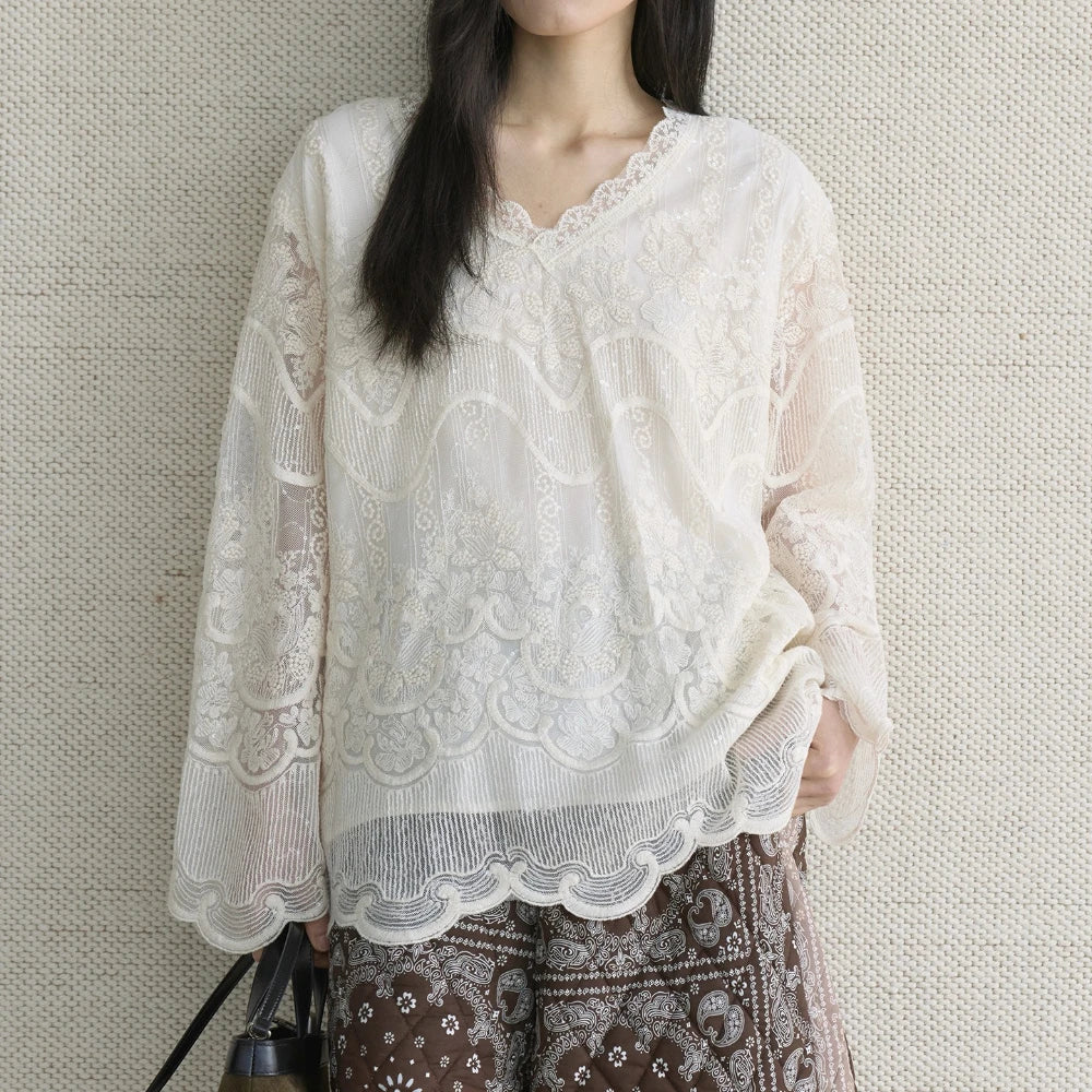 Scalloped Lace V-Neck Blouse