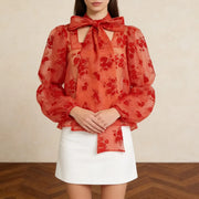 Floral Tie-Neck Sheer Blouse