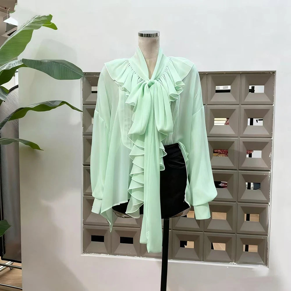Ruffle-Front Bow-Neck Blouse