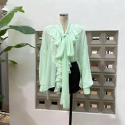 Ruffle-Front Bow-Neck Blouse