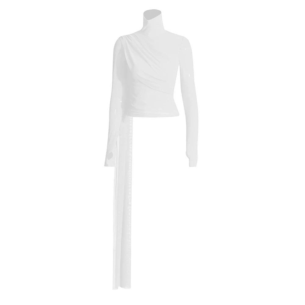 Draped High-Neck Long-Sleeve Top