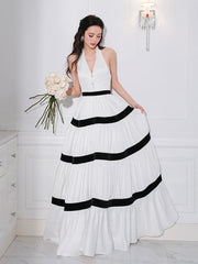 Contrast-Trim Tiered Halter Dress