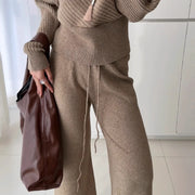 TWOTWINSTYLE Solid Spliced Lace Up Two Piece Set Female V Neck Long Sleeve Sweater Casual Lazy Women's Trousers Set Autumn New