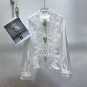 Lace-Panel Fitted Button Blouse