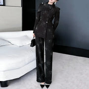 TWOTWINSTYLE Black Spliced Diamonds Two Piece Set Female O Neck Long Sleeve Jacket Commute Elegant Women's Pants Set Autumn New