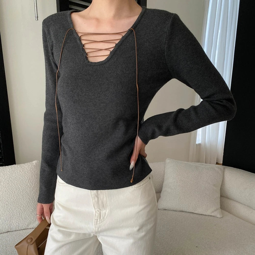 Lace-Up Neck Long-Sleeve Top