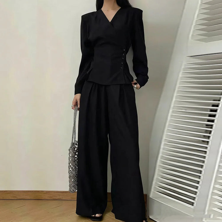 TWOTWINSTYLE Solid Spliced Folds Two Piece Set Female V Neck Long Sleeve Jacket Office Commute Women's Trousers Set Fashion New