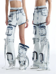 Contrast-Pocket Wide-Leg Cargo Jeans