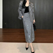 Disc-Embellished Blazer and Skirt Set