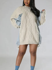 Cable-Textured Contrast-Sleeve Sweater