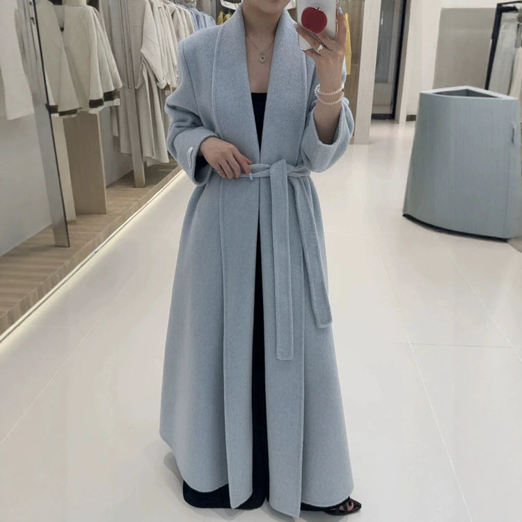 Shawl-Collar Tie-Waist Long Coat