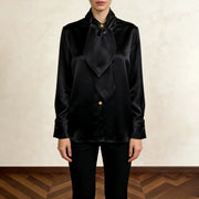 Draped-Neck Button-Front Blouse