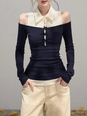 Contrast-Collar Cold-Shoulder Top