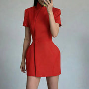 Stand-Collar Short-Sleeve Mini Dress