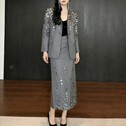 Disc-Embellished Blazer and Skirt Set