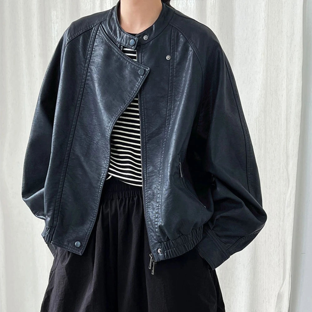Stand-Collar Relaxed Biker Jacket