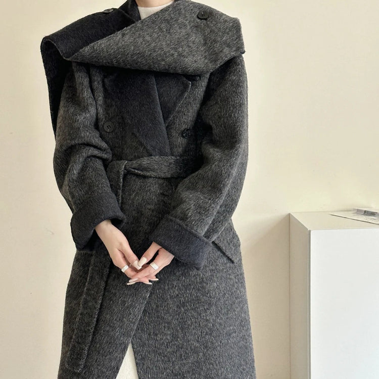Oversized-Collar Tie-Waist Coat