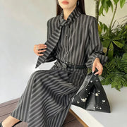 TWOTWINSTYLE Fashion Striped Two Piece Sets for Women Round Neck Long Sleeves Top High Waist Spliced Folds Skirt Set Female New