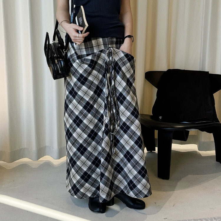 Plaid Gathered Long Skirt