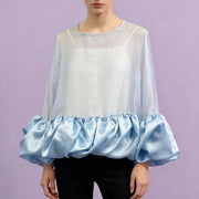 Sheer-Panel Balloon-Hem Blouse