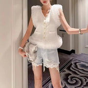 Fluffy-Trim Button-Front Vest