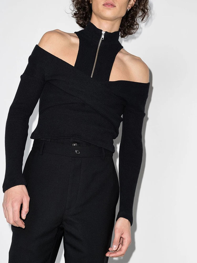 Zip-Neck Cold-Shoulder Top
