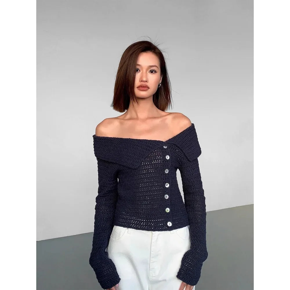Off-Shoulder Button Sweater