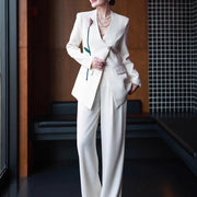 TWOTWINSTYLE Solid Spliced 3D Flower Two Piece Set Female V Neck Long Sleeve Jacket Office Lady Women's Trousers Set Fashion New
