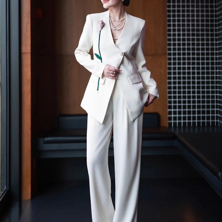 TWOTWINSTYLE Solid Spliced 3D Flower Two Piece Set Female V Neck Long Sleeve Jacket Office Lady Women's Trousers Set Fashion New