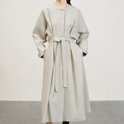 Collarless Tie-Waist Long Coat