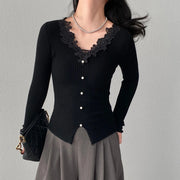 Lace-Trim Ribbed Button Cardigan