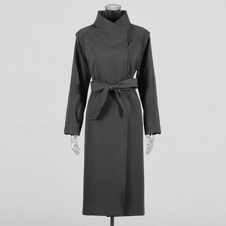 Stand-Collar Tie-Waist Long Coat