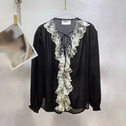 Lace-Trim Tie-Neck Blouse