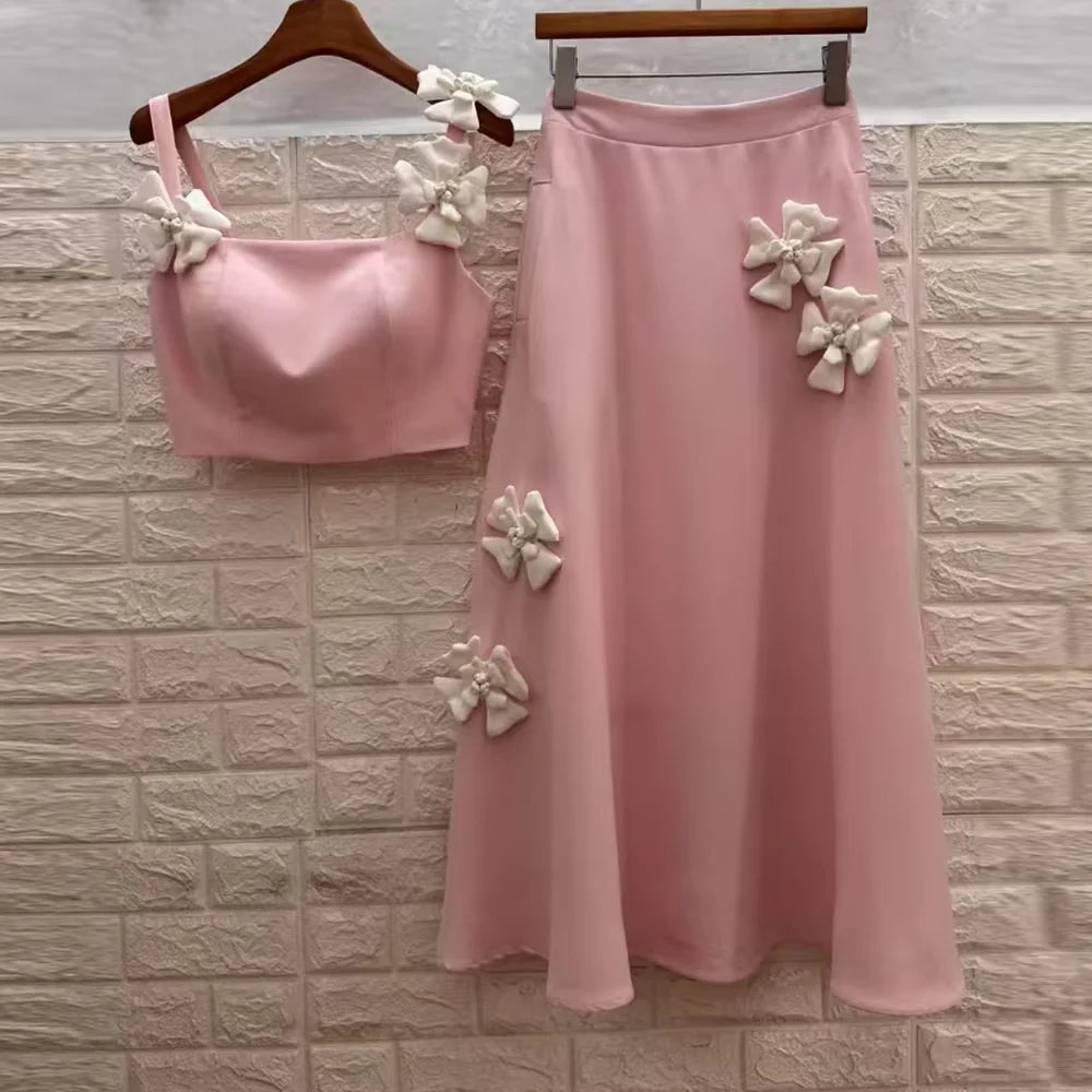 Floral Applique Top and Skirt Set