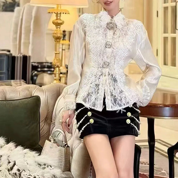 Lace-Panel Fitted Button Blouse