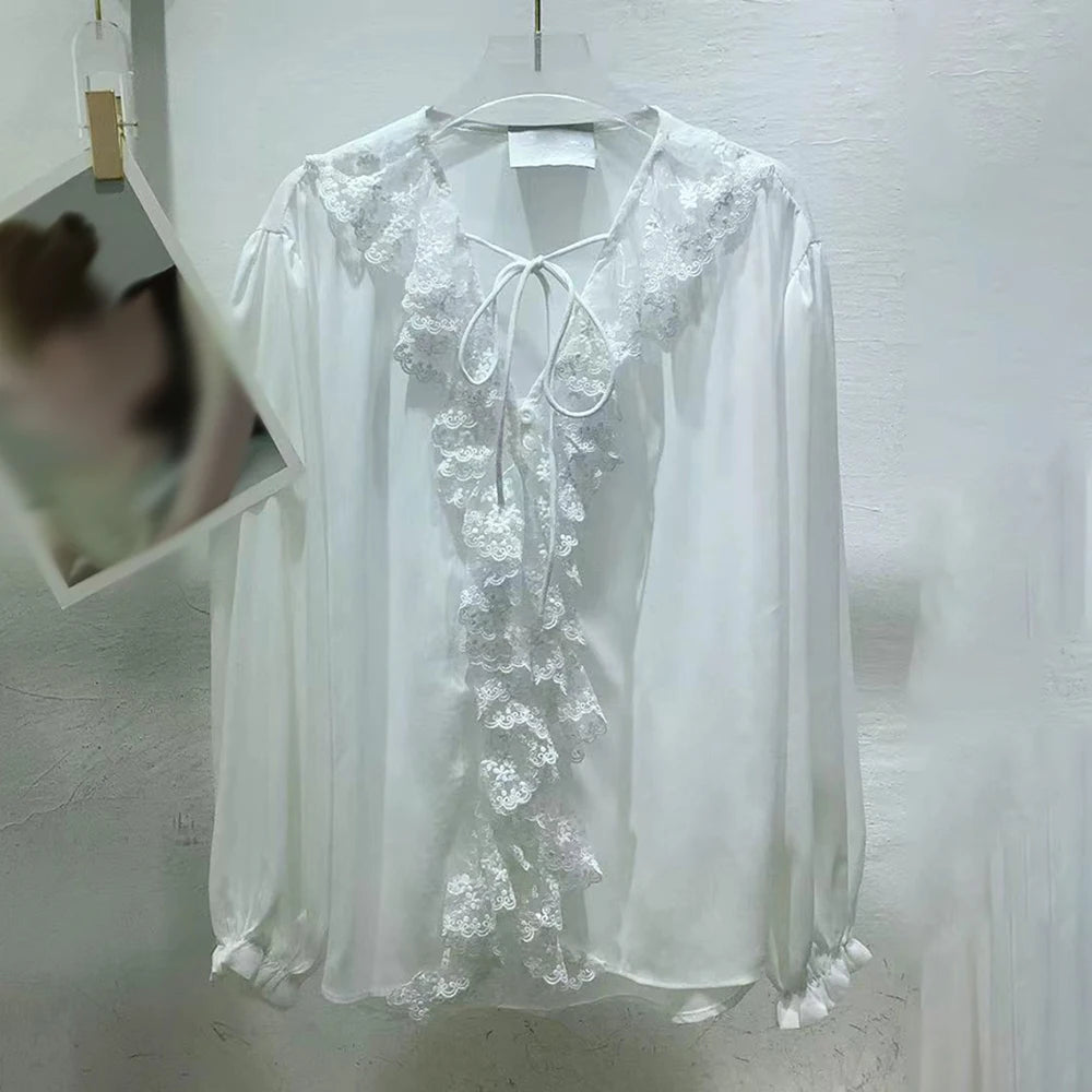 Lace-Trim Tie-Neck Blouse